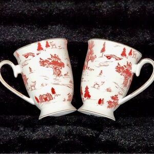 White Porcelain Mug Set with Red Scenic Deer Pattern - Set of 2